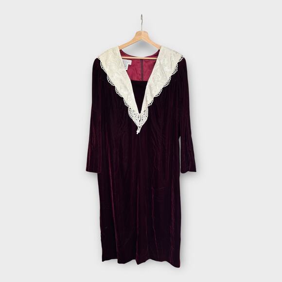 NEW Vintage 90s Scott McClintock Dress 24W Burgundy Velvet Sheath Lace Collar - Picture 10 of 10